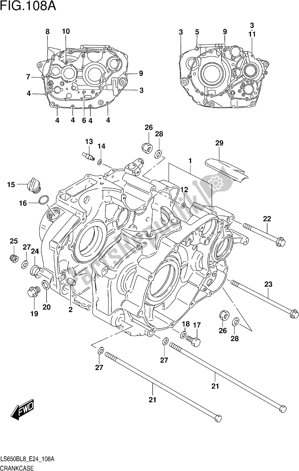 All parts for the Fig. 108a Crankcase of the Suzuki LS 650B 2018