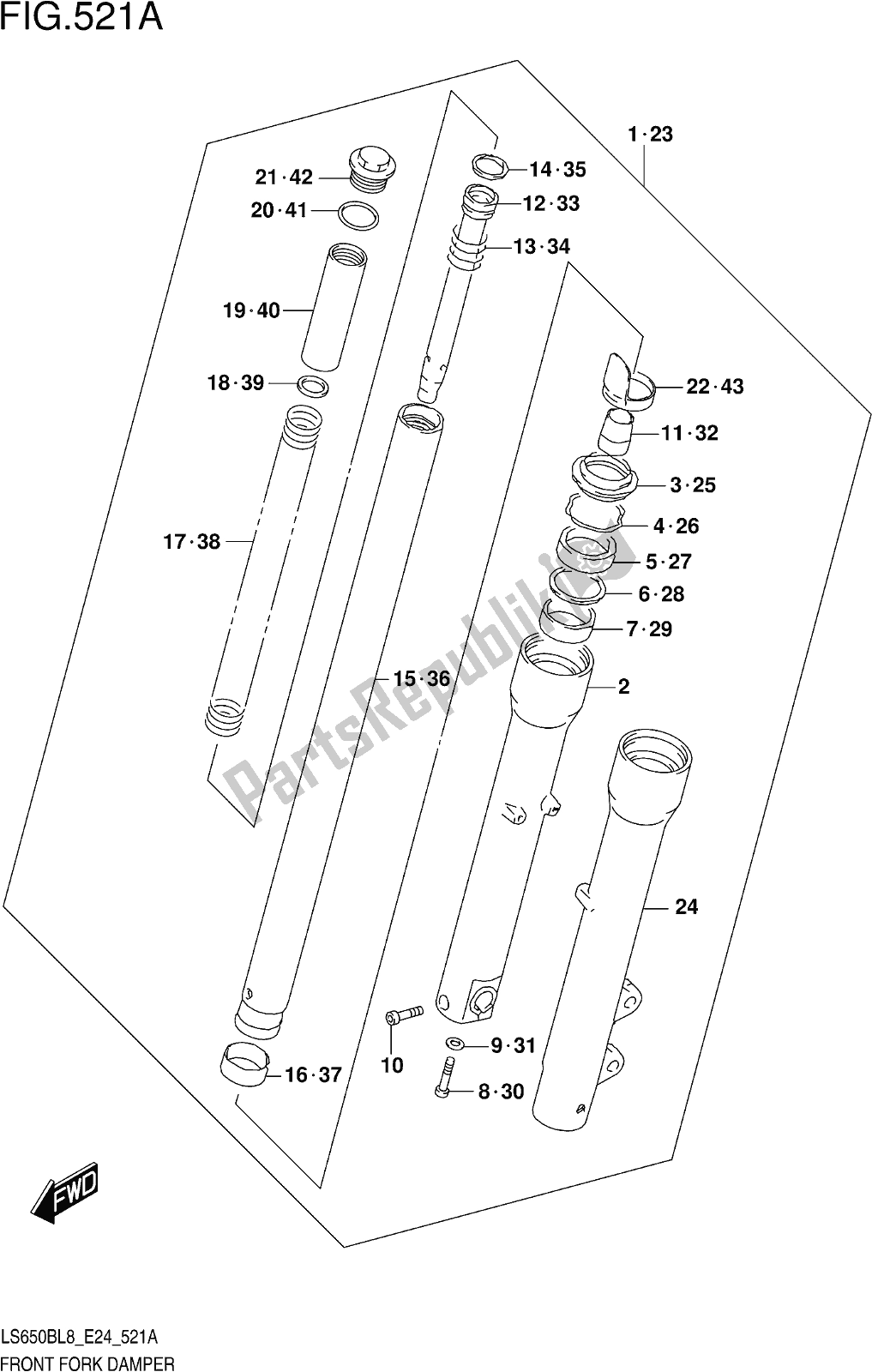 Alle onderdelen voor de Fig. 521a Front Fork Damper van de Suzuki LS 650B 2018