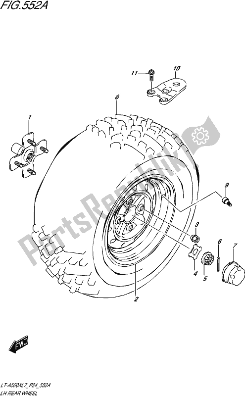 All parts for the Lh Rear Wheel of the Suzuki LT-A 500X 2017