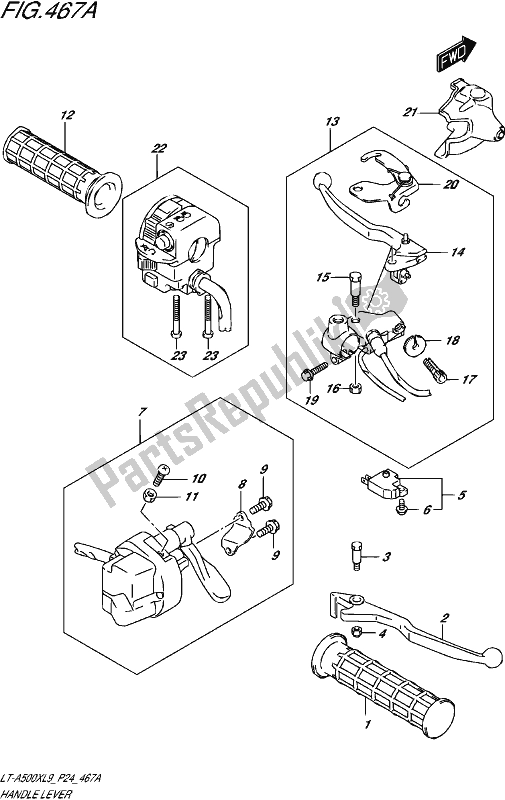 All parts for the Handle Lever of the Suzuki LT-A 500X 2019