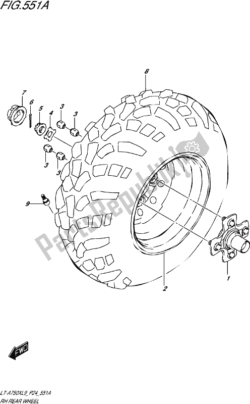 Alle onderdelen voor de Rh Rear Wheel (lt-a750xl9 P24) van de Suzuki LT-A 750X 2019