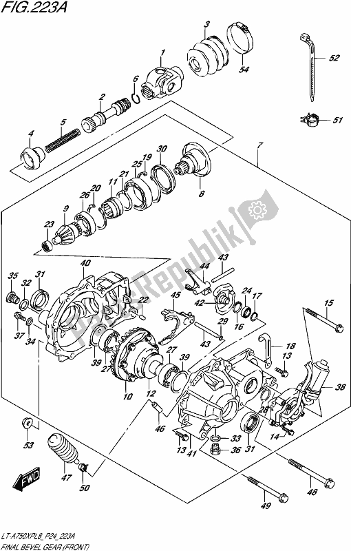 All parts for the Final Bevel Gear (front) of the Suzuki LT-A 750 XP 2018