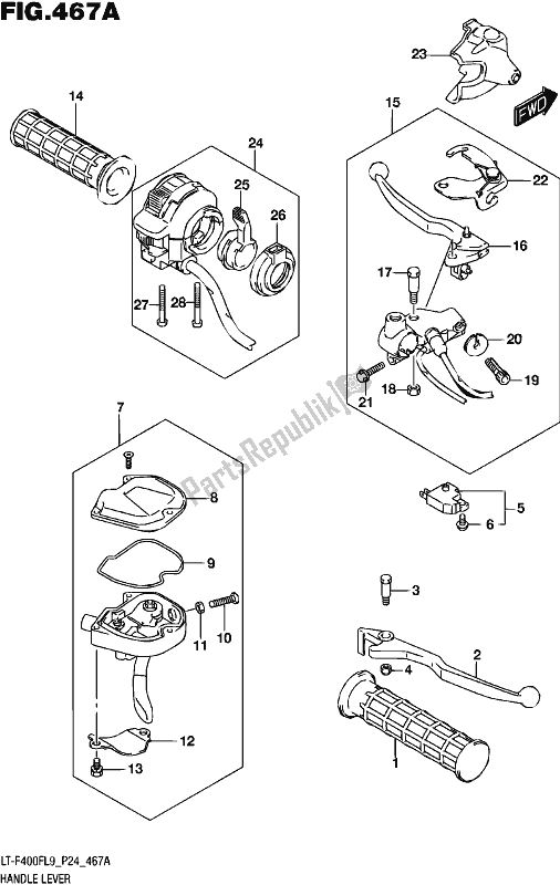 All parts for the Handle Lever of the Suzuki LT-F 400F 2019