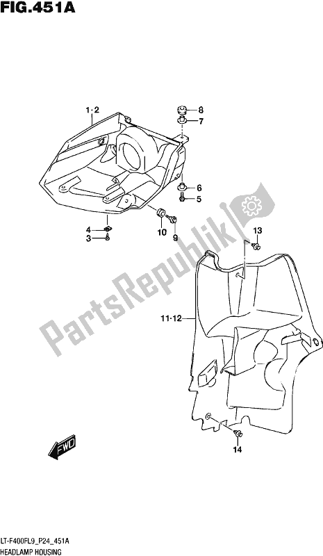 All parts for the Headlamp Housing of the Suzuki LT-F 400F 2019