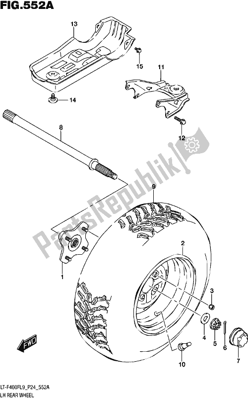 All parts for the Lh Rear Wheel of the Suzuki LT-F 400F 2019