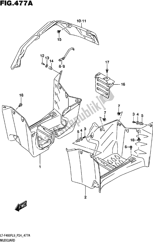 All parts for the Mudguard of the Suzuki LT-F 400F 2019