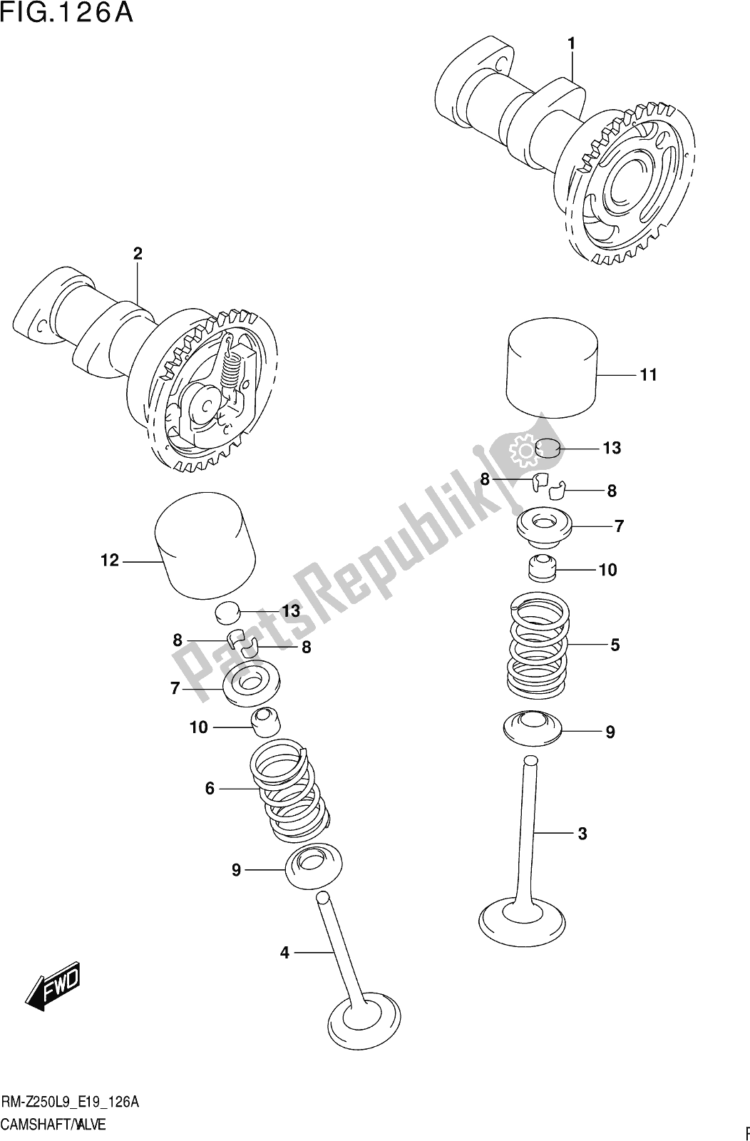 Alle onderdelen voor de Fig. 126a Camshaft/valve van de Suzuki RM-Z 250 2019