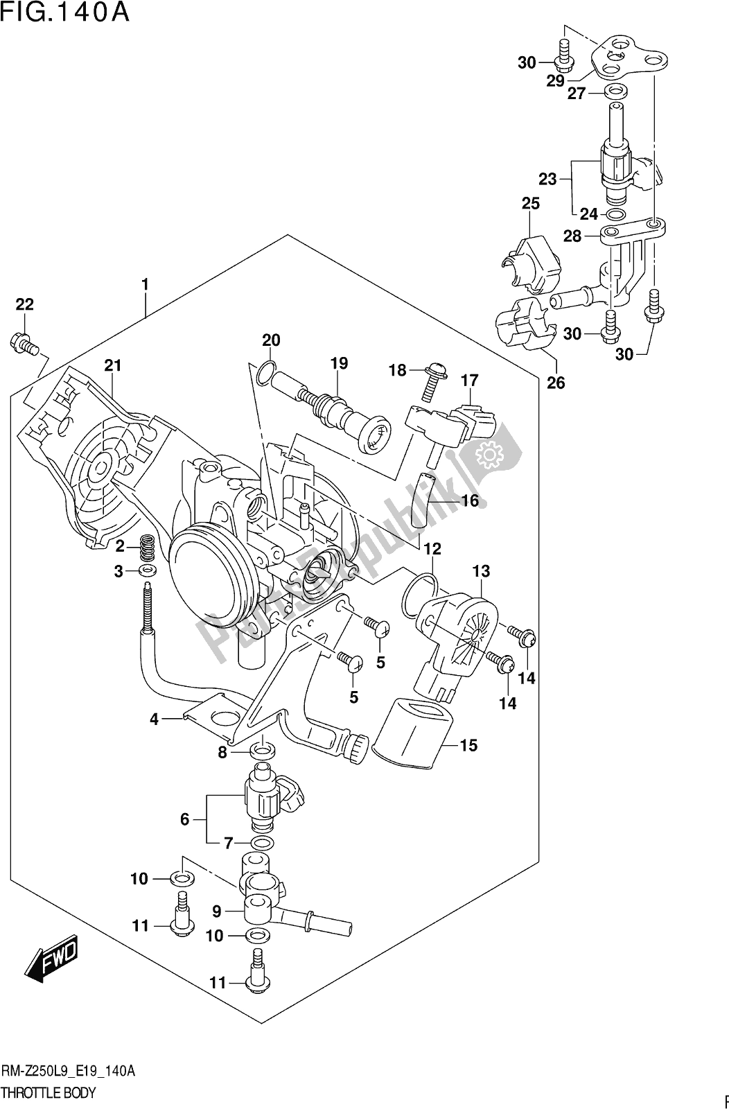 Alle onderdelen voor de Fig. 140a Throttle Body van de Suzuki RM-Z 250 2019