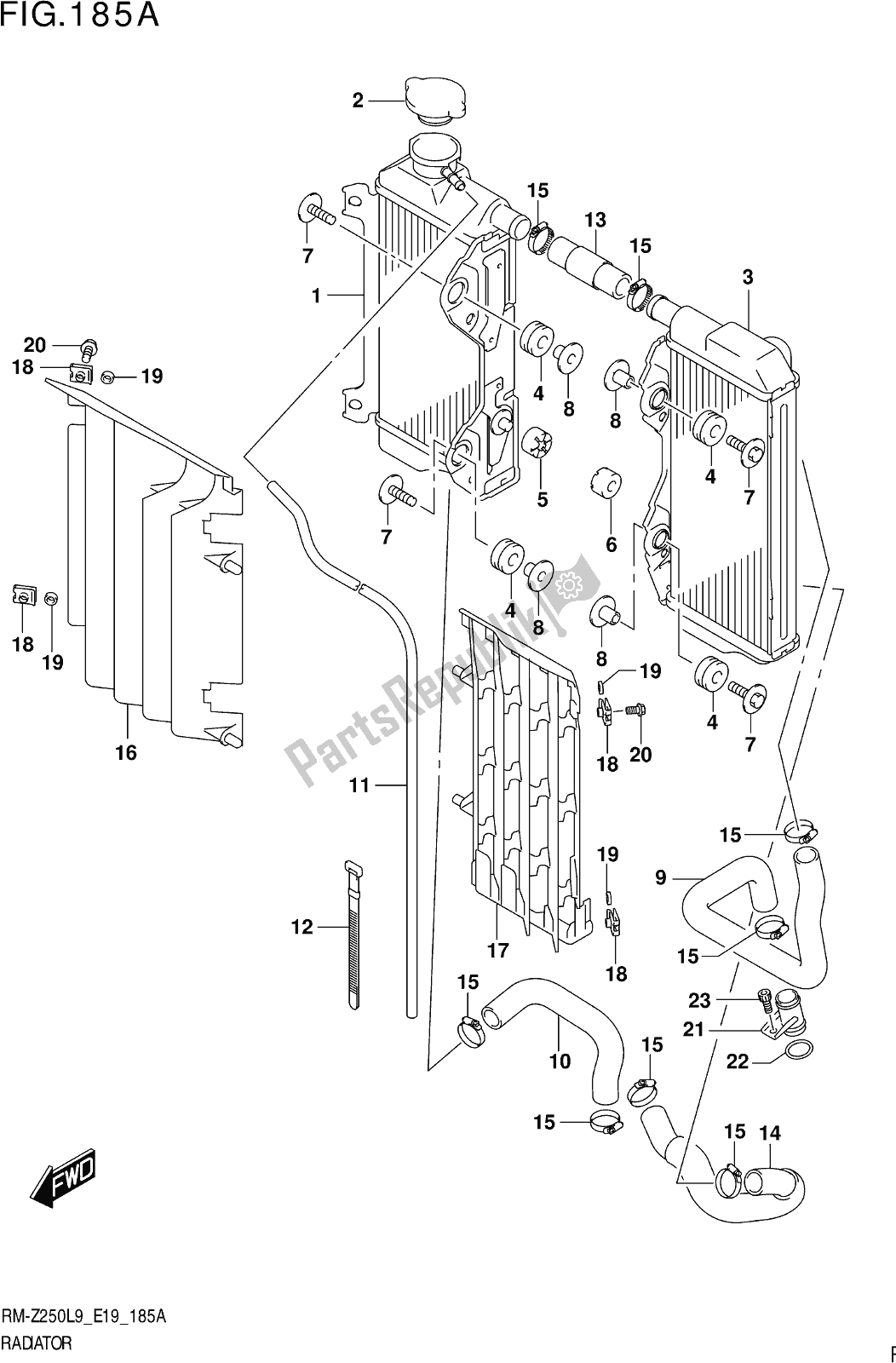 Alle onderdelen voor de Fig. 185a Radiator van de Suzuki RM-Z 250 2019