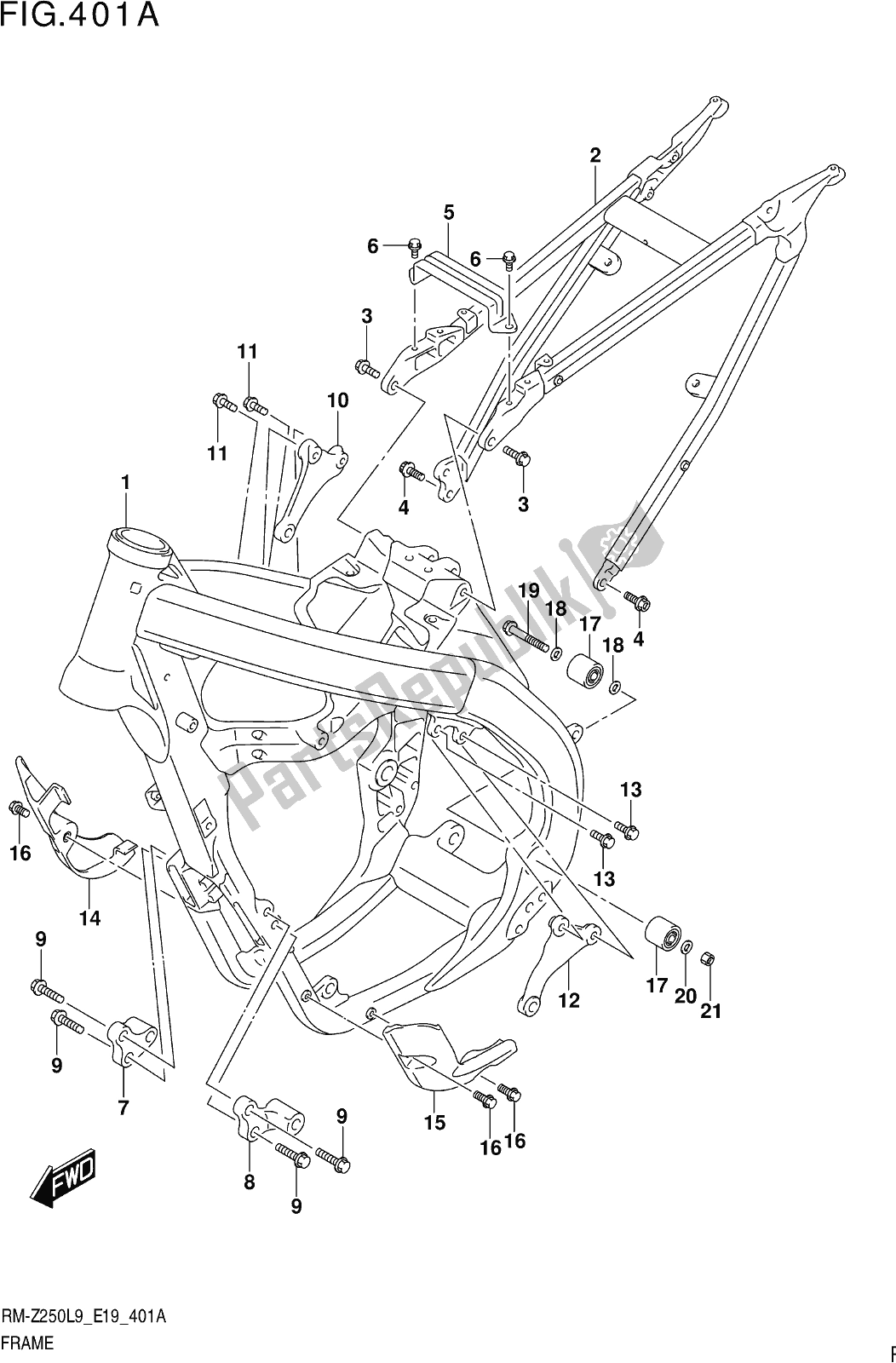 Alle onderdelen voor de Fig. 401a Frame van de Suzuki RM-Z 250 2019