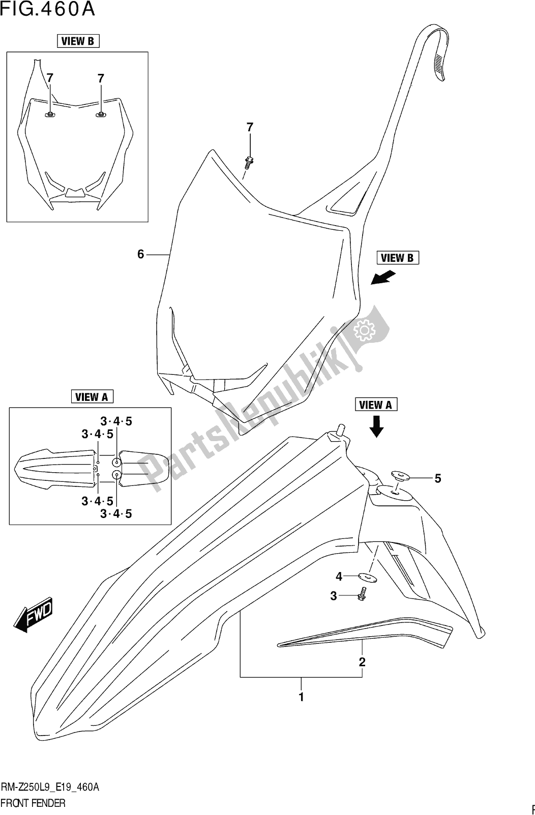 Alle onderdelen voor de Fig. 460a Front Fender van de Suzuki RM-Z 250 2019