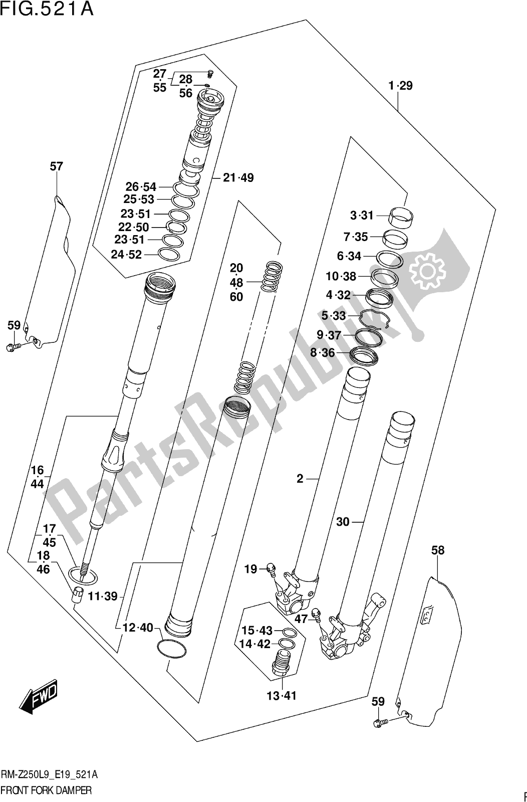Alle onderdelen voor de Fig. 521a Front Fork Damper van de Suzuki RM-Z 250 2019