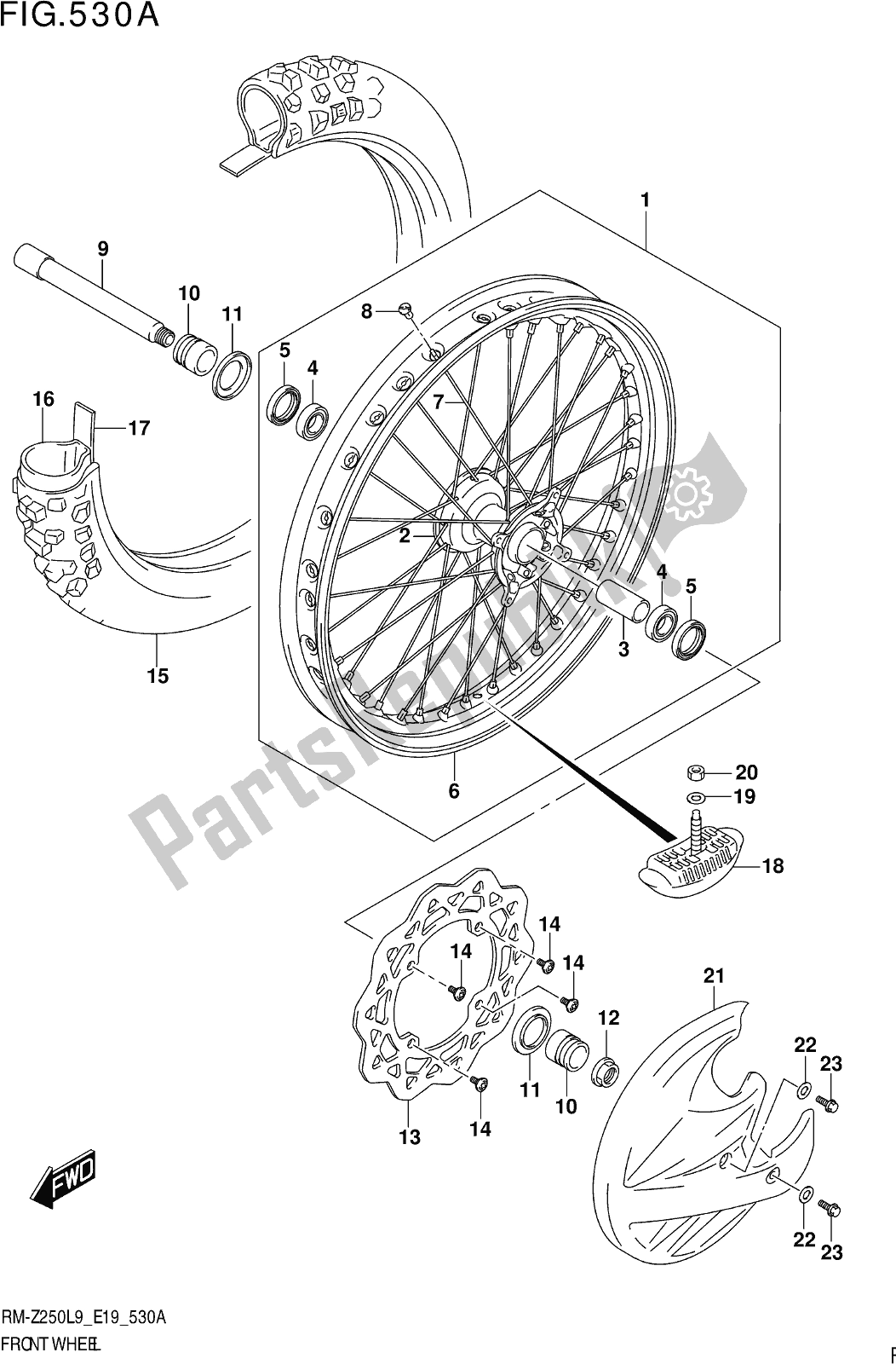 Alle onderdelen voor de Fig. 530a Front Wheel van de Suzuki RM-Z 250 2019