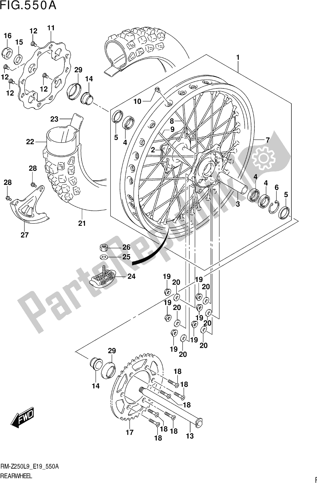 Alle onderdelen voor de Fig. 550a Rear Wheel van de Suzuki RM-Z 250 2019