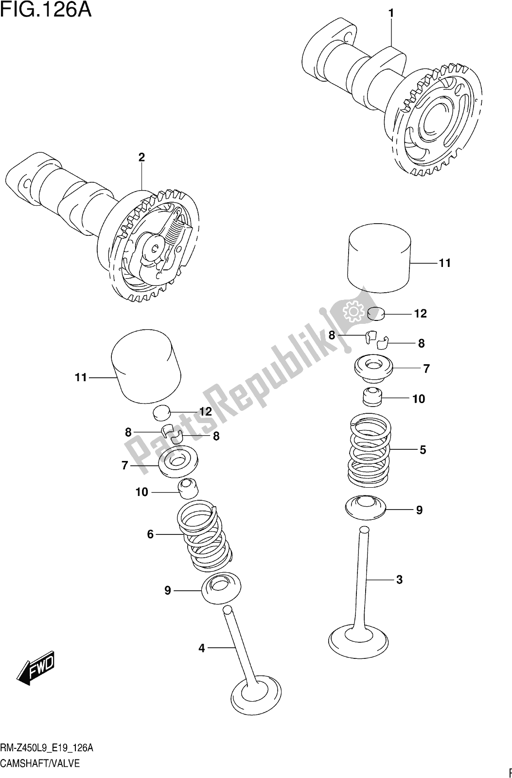 Todas as partes de Fig. 126a Camshaft/valve do Suzuki RM-Z 450 2019