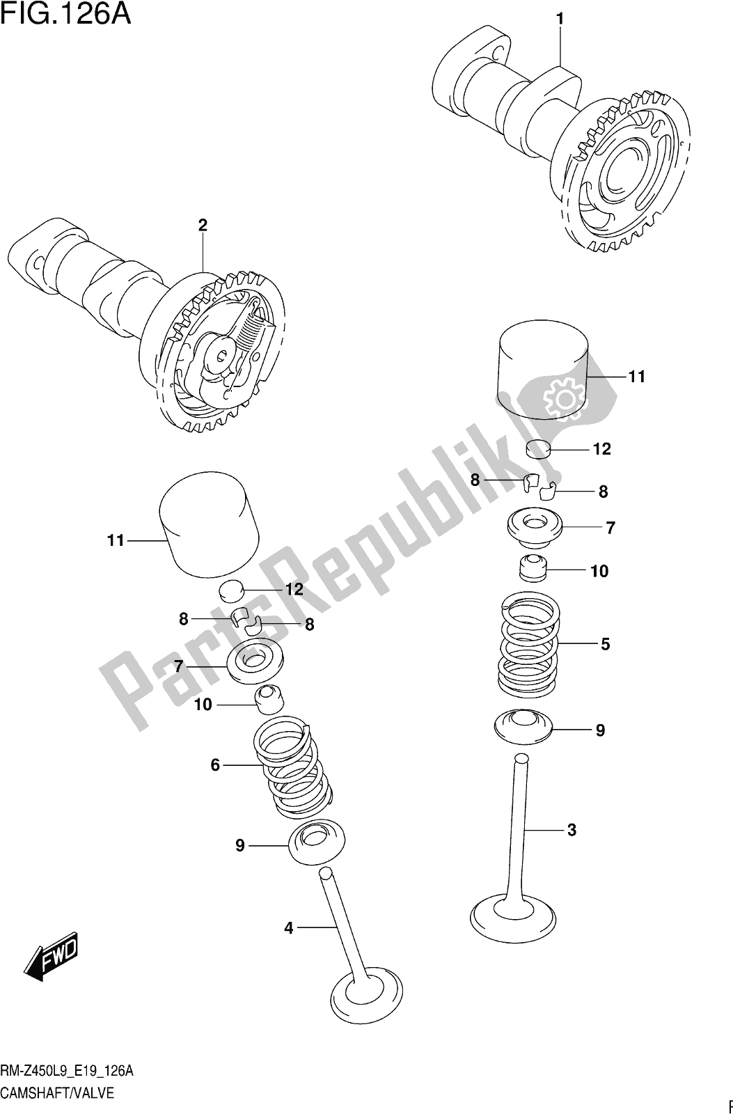 Todas as partes de Fig. 126a Camshaft/valve do Suzuki RM-Z 450 2019