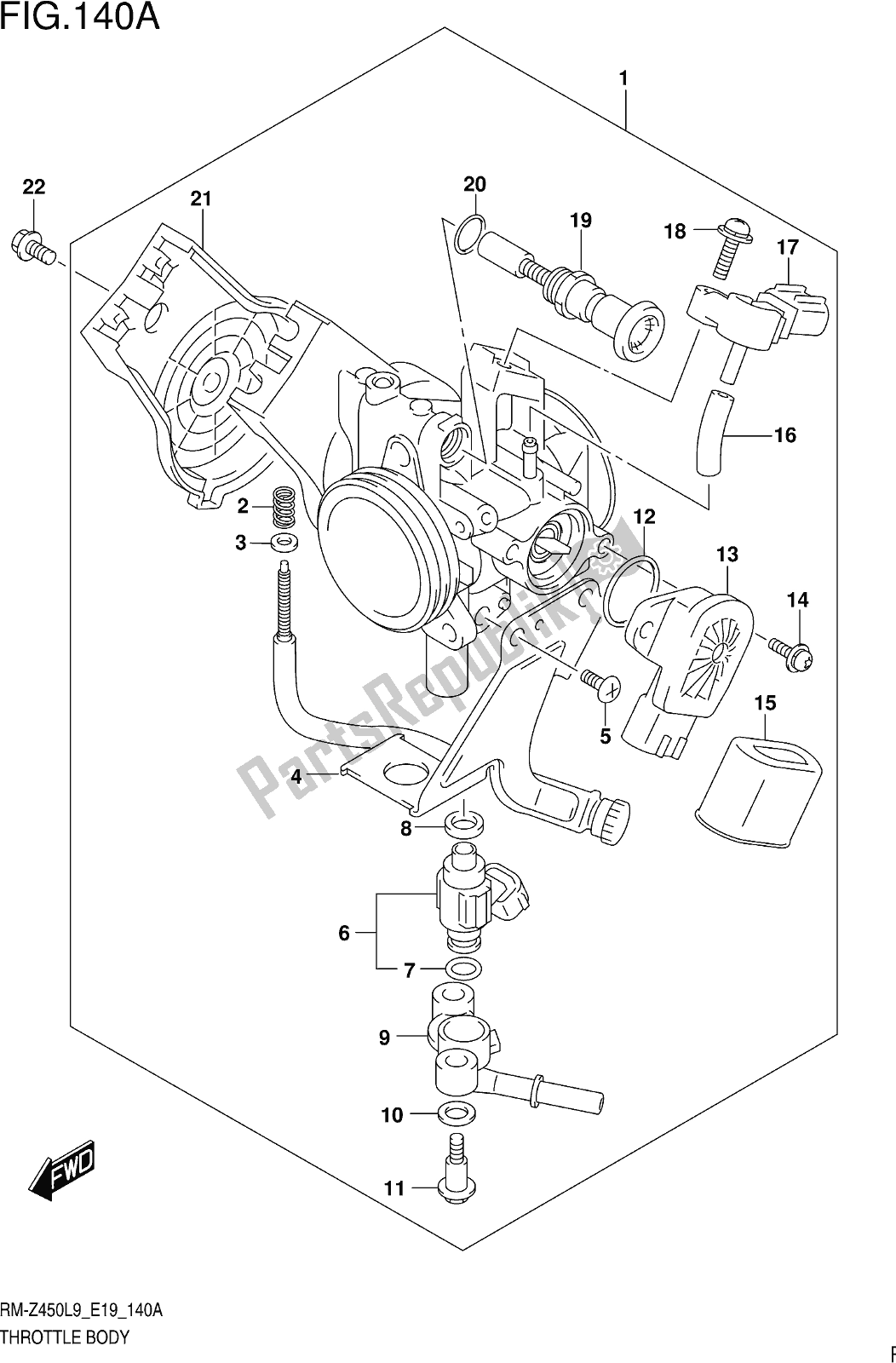 Alle onderdelen voor de Fig. 140a Throttle Body van de Suzuki RM-Z 450 2019
