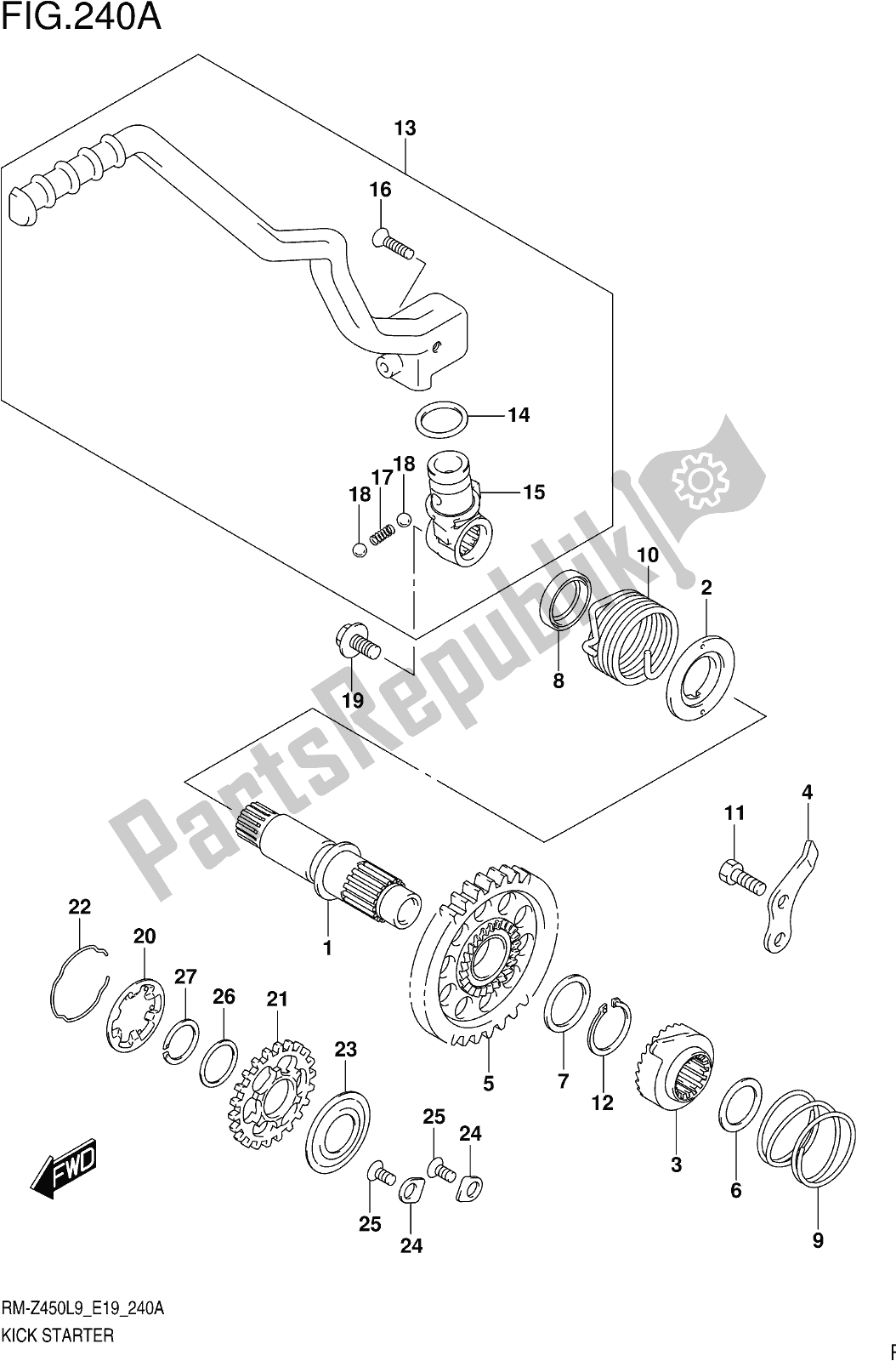 All parts for the Fig. 240a Kick Starter of the Suzuki RM-Z 450 2019