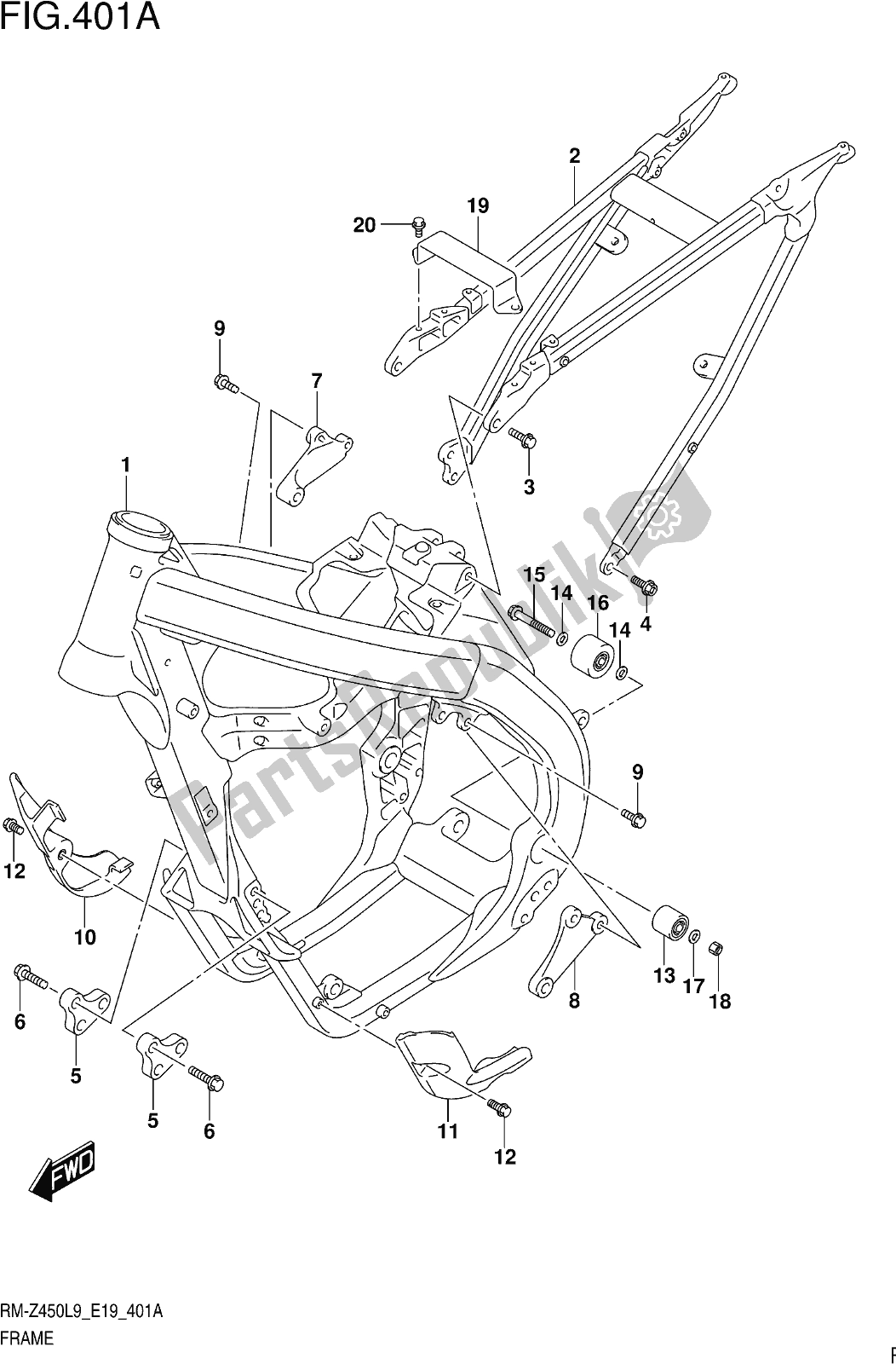 All parts for the Fig. 401a Frame of the Suzuki RM-Z 450 2019