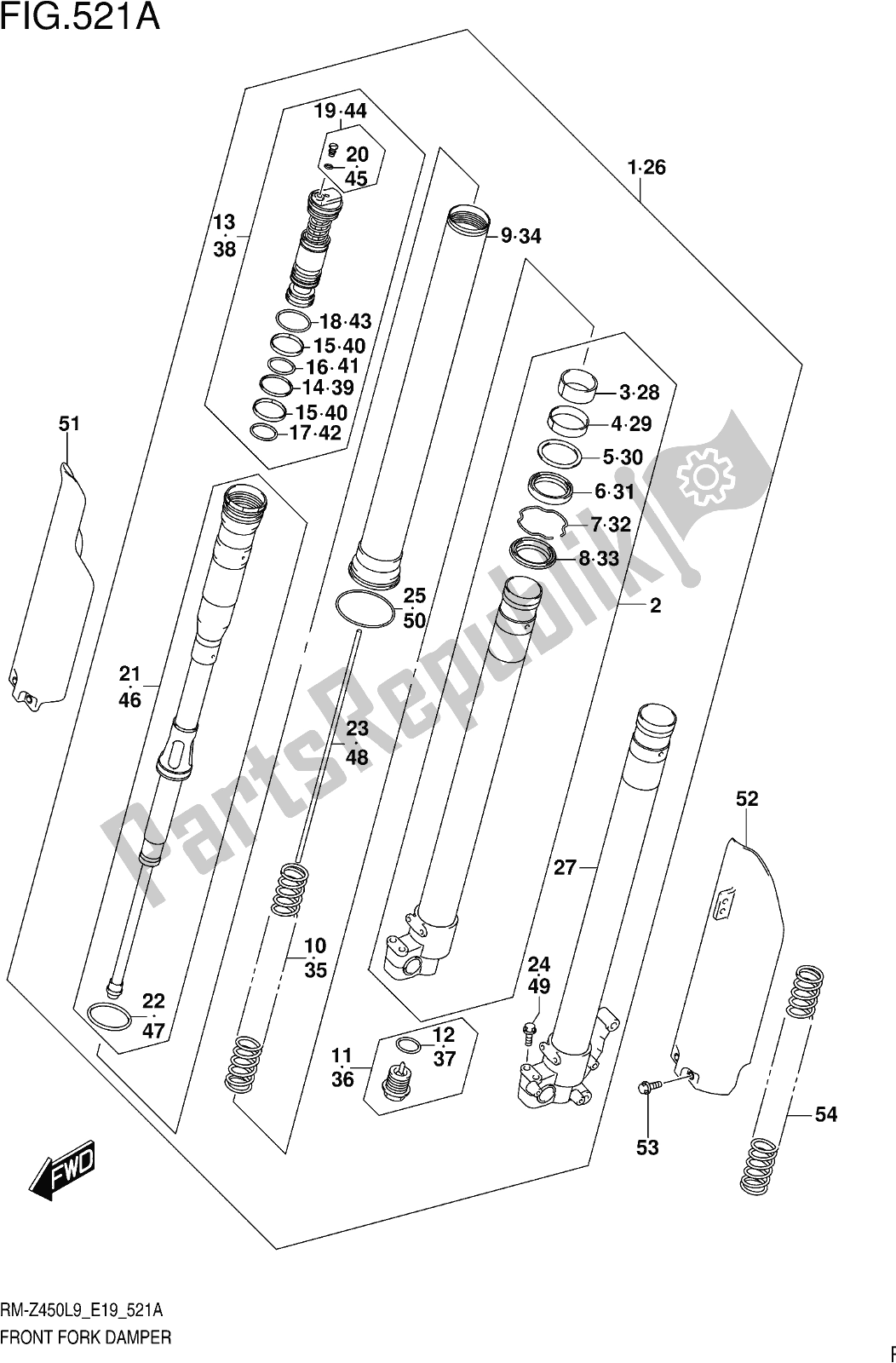 Alle onderdelen voor de Fig. 521a Front Fork Damper van de Suzuki RM-Z 450 2019