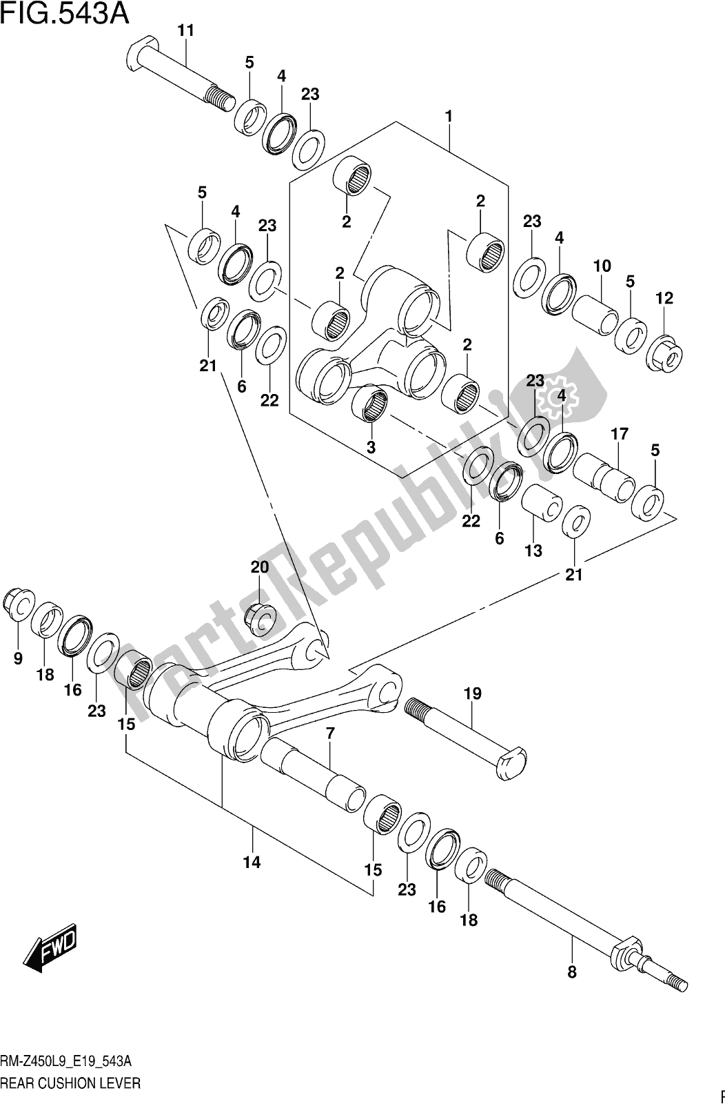 All parts for the Fig. 543a Rear Cushion Lever of the Suzuki RM-Z 450 2019