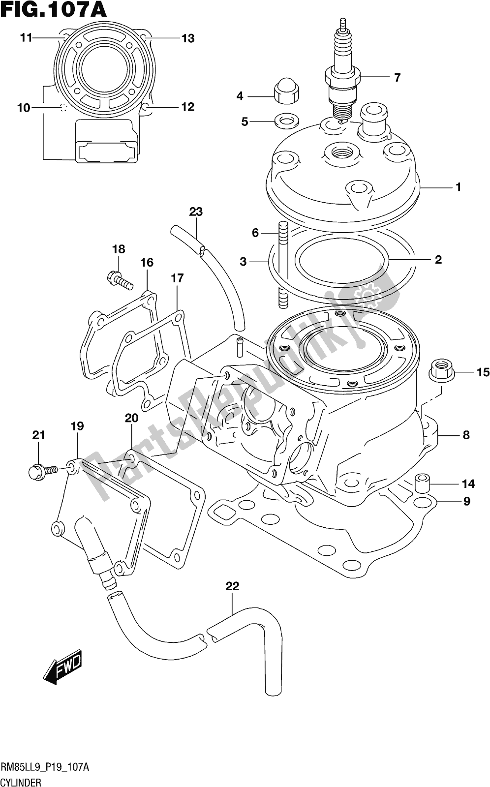 All parts for the Fig. 107a Cylinder of the Suzuki RM 85L 2019