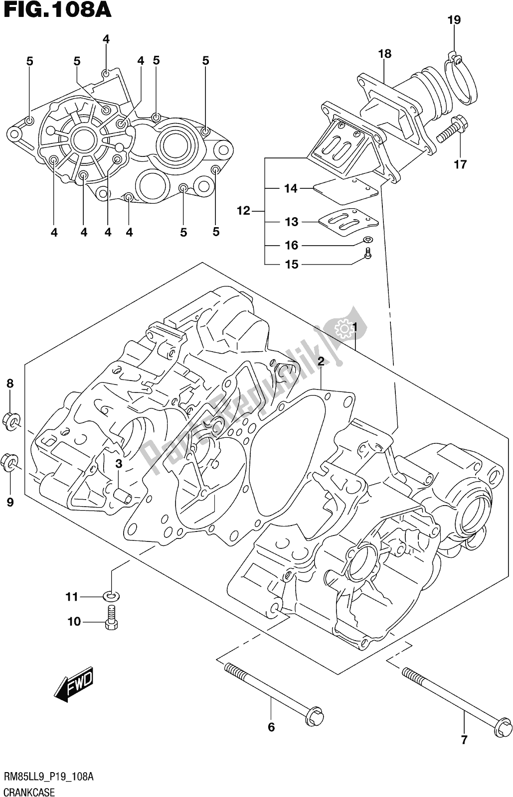 All parts for the Fig. 108a Crankcase of the Suzuki RM 85L 2019