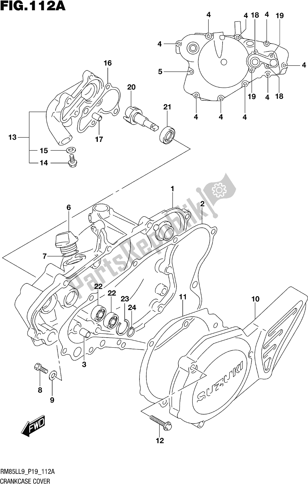All parts for the Fig. 112a Crankcase Cover of the Suzuki RM 85L 2019