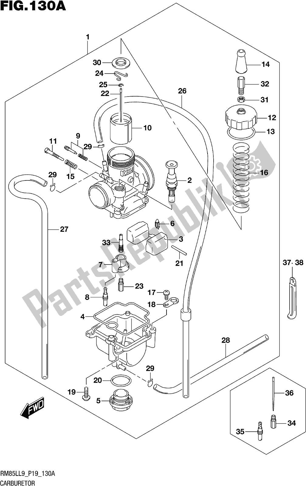 All parts for the Fig. 130a Carburetor of the Suzuki RM 85L 2019