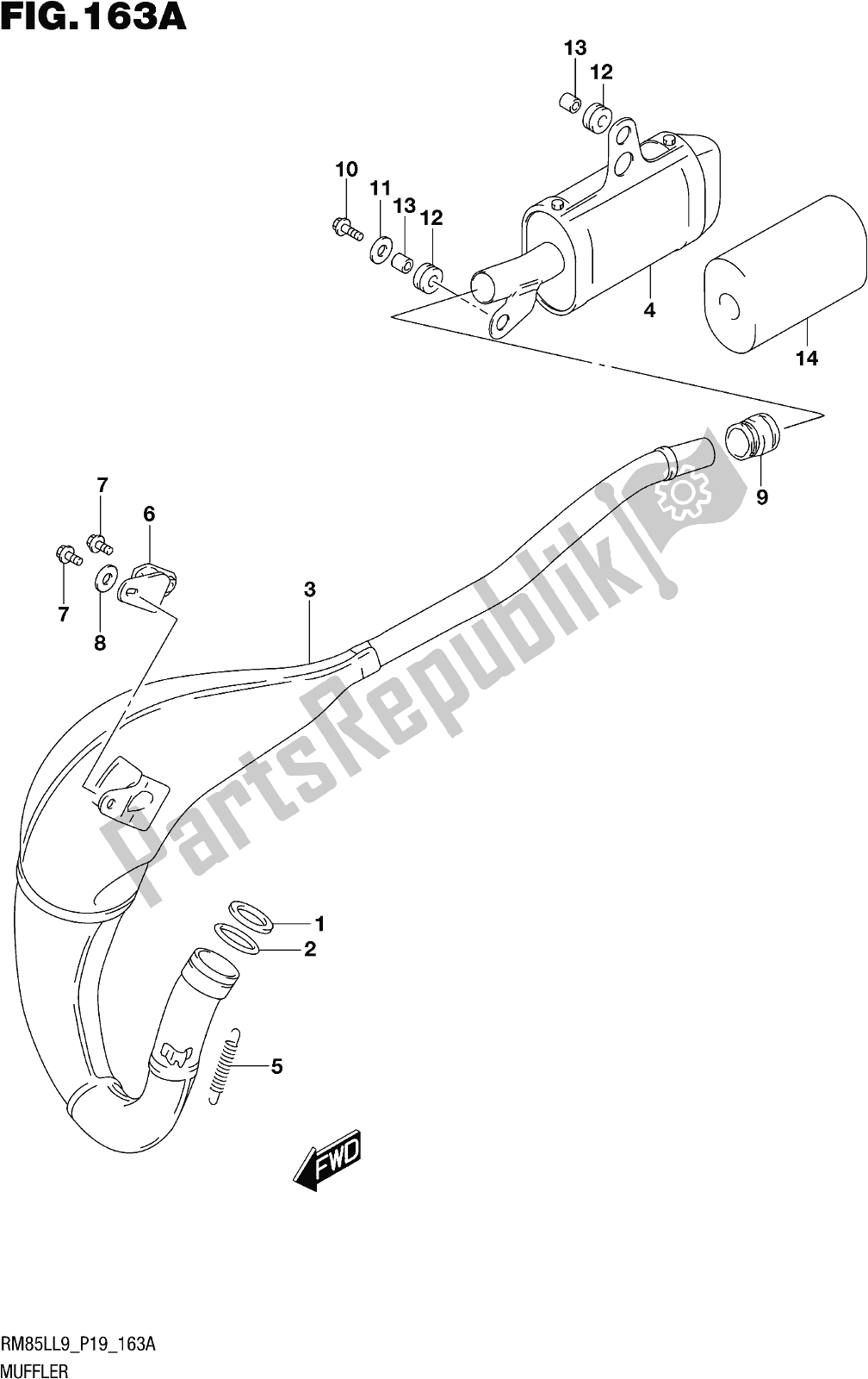 Alle onderdelen voor de Fig. 163a Muffler van de Suzuki RM 85L 2019