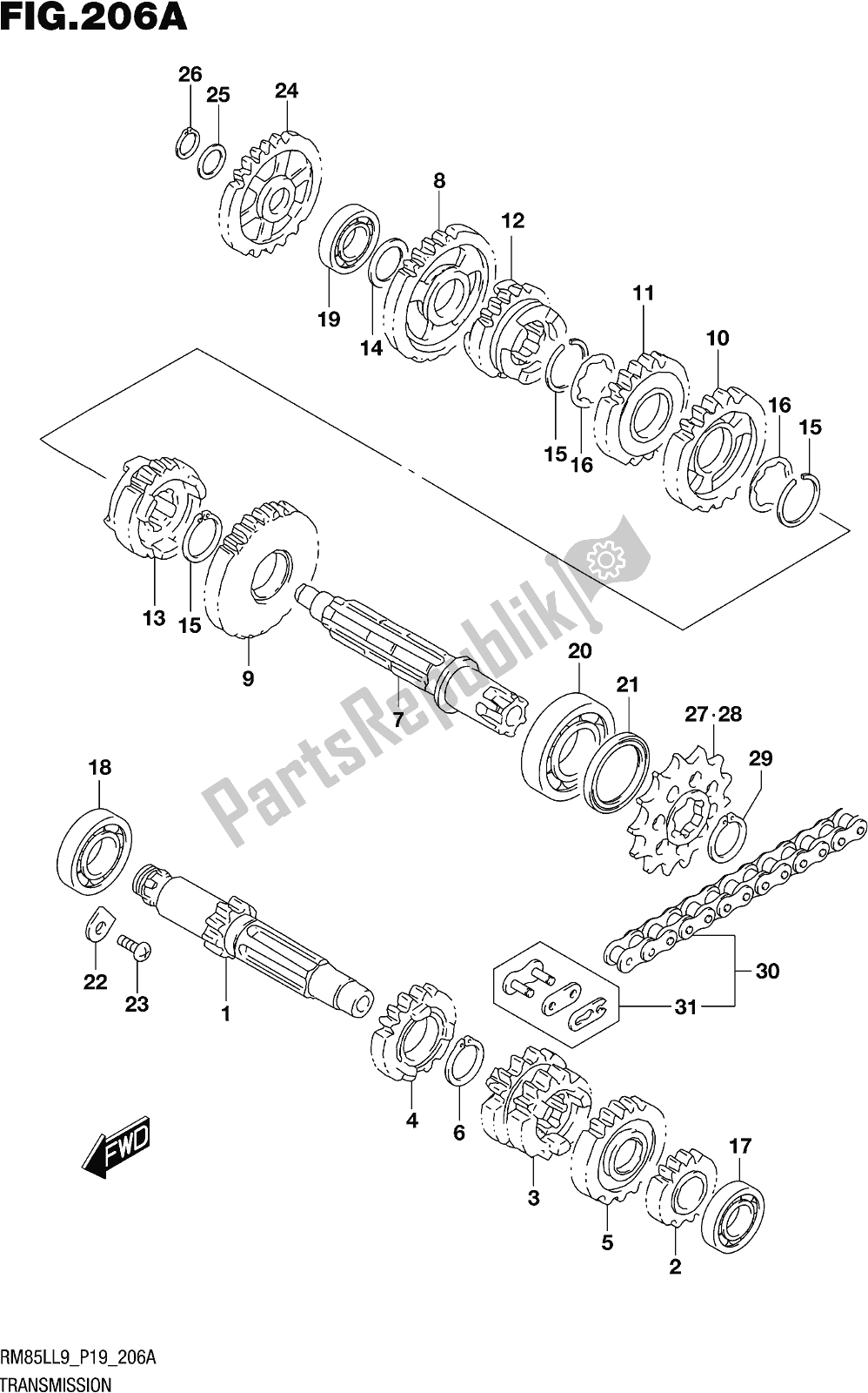 Todas las partes para Fig. 206a Transmission de Suzuki RM 85L 2019