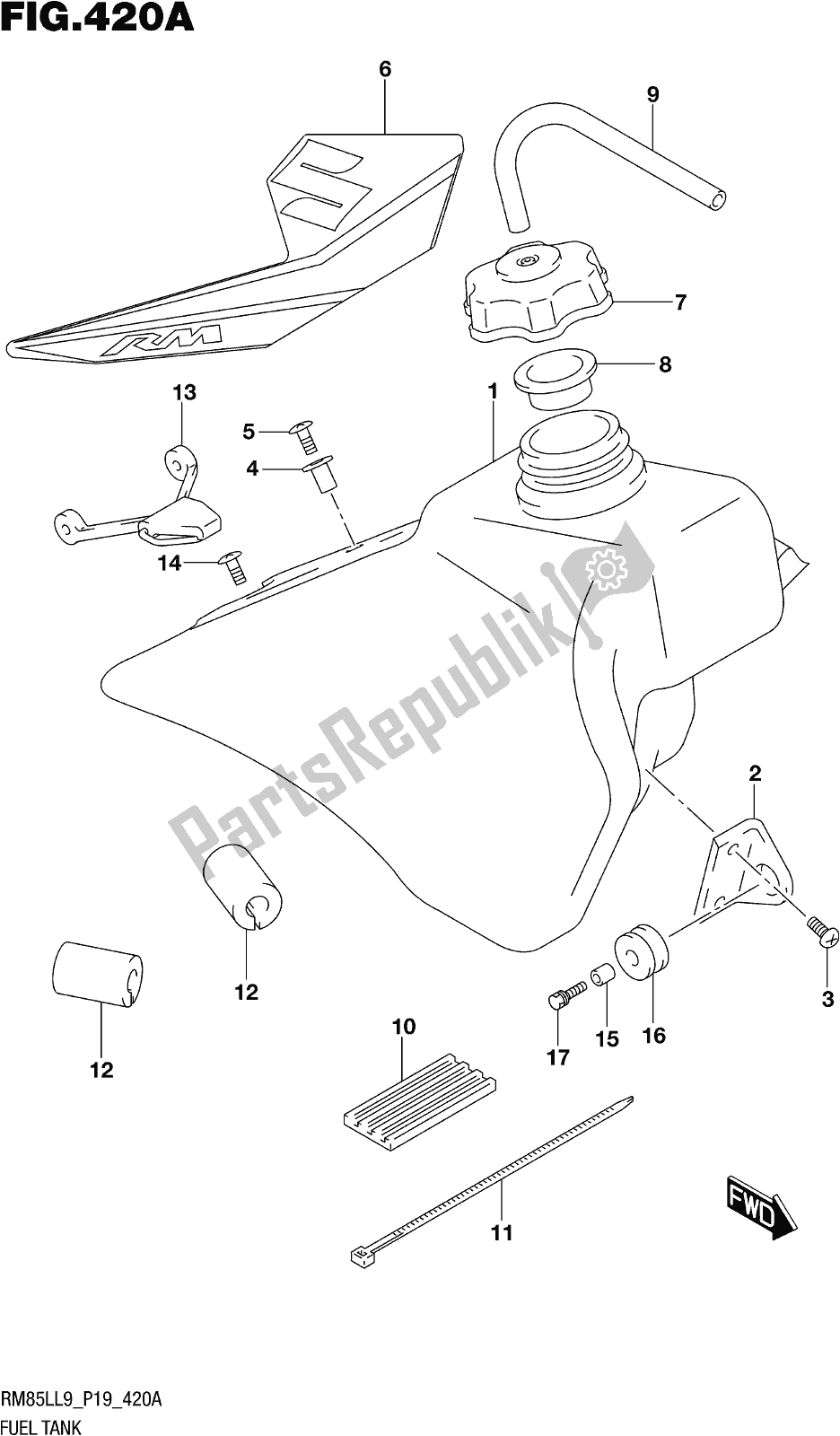 All parts for the Fig. 420a Fuel Tank of the Suzuki RM 85L 2019