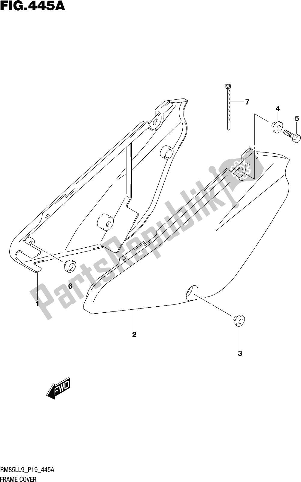 Alle onderdelen voor de Fig. 445a Frame Cover van de Suzuki RM 85L 2019