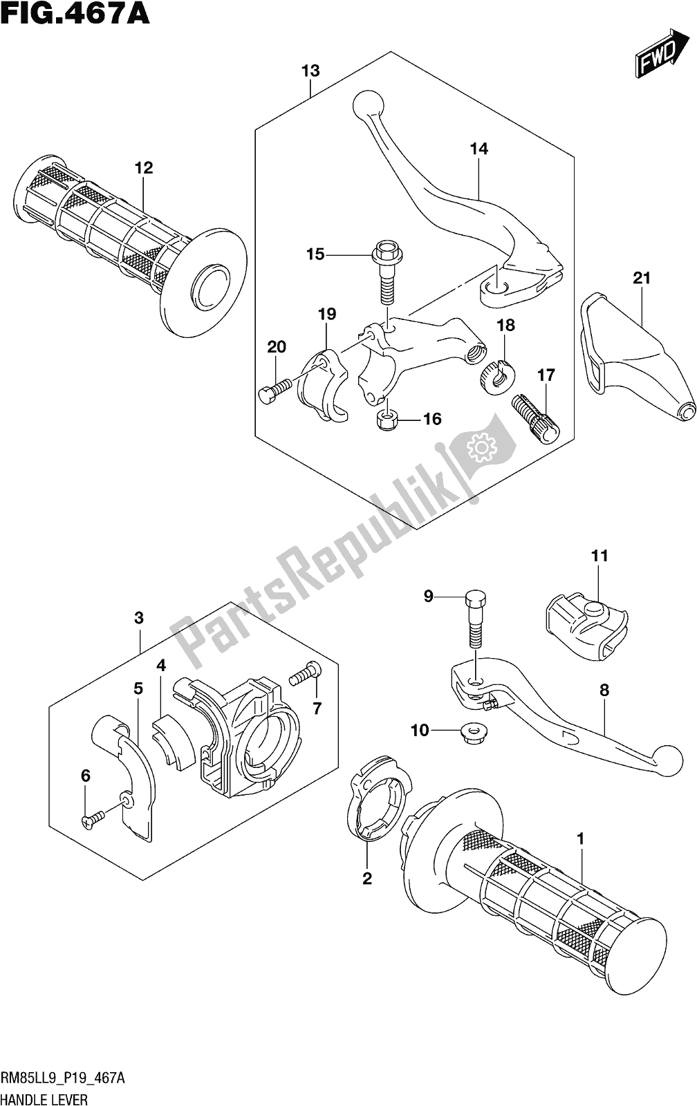 Alle onderdelen voor de Fig. 467a Handle Lever van de Suzuki RM 85L 2019