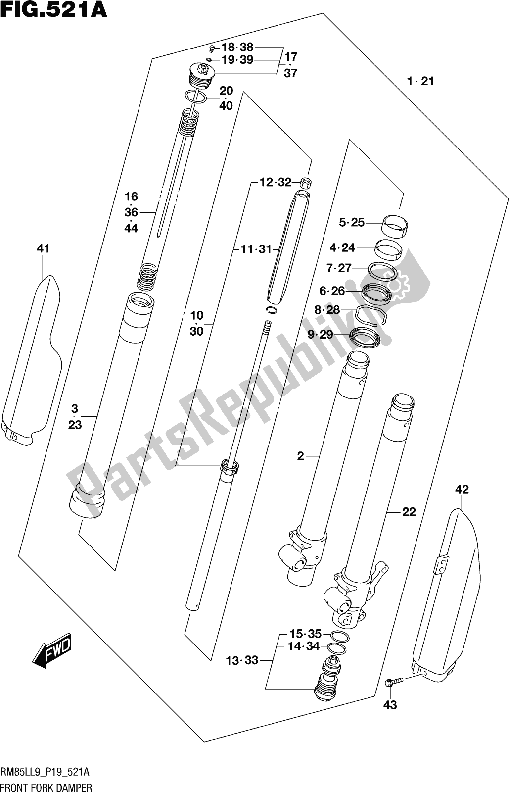 Alle onderdelen voor de Fig. 521a Front Fork Damper van de Suzuki RM 85L 2019