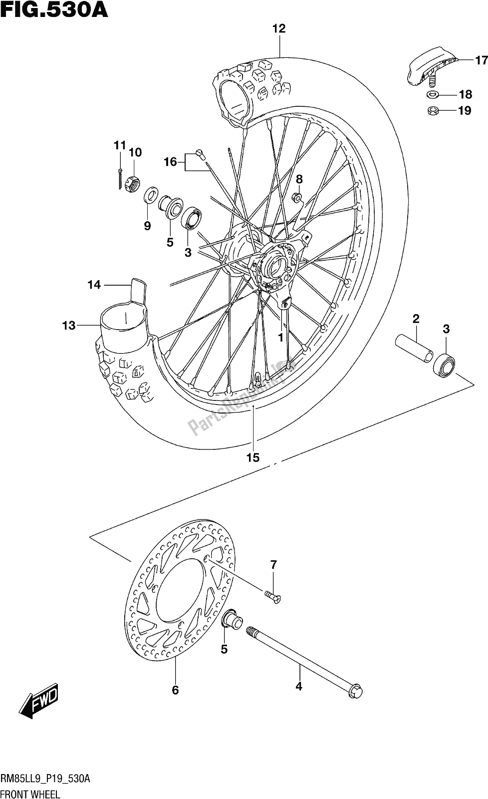 Alle onderdelen voor de Fig. 530a Front Wheel van de Suzuki RM 85L 2019