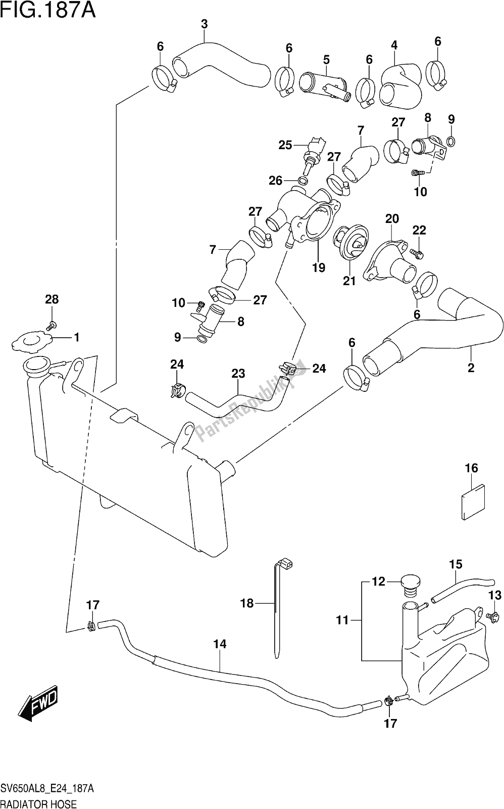 All parts for the Fig. 187a Radiator Hose of the Suzuki SV 650 AU 2018