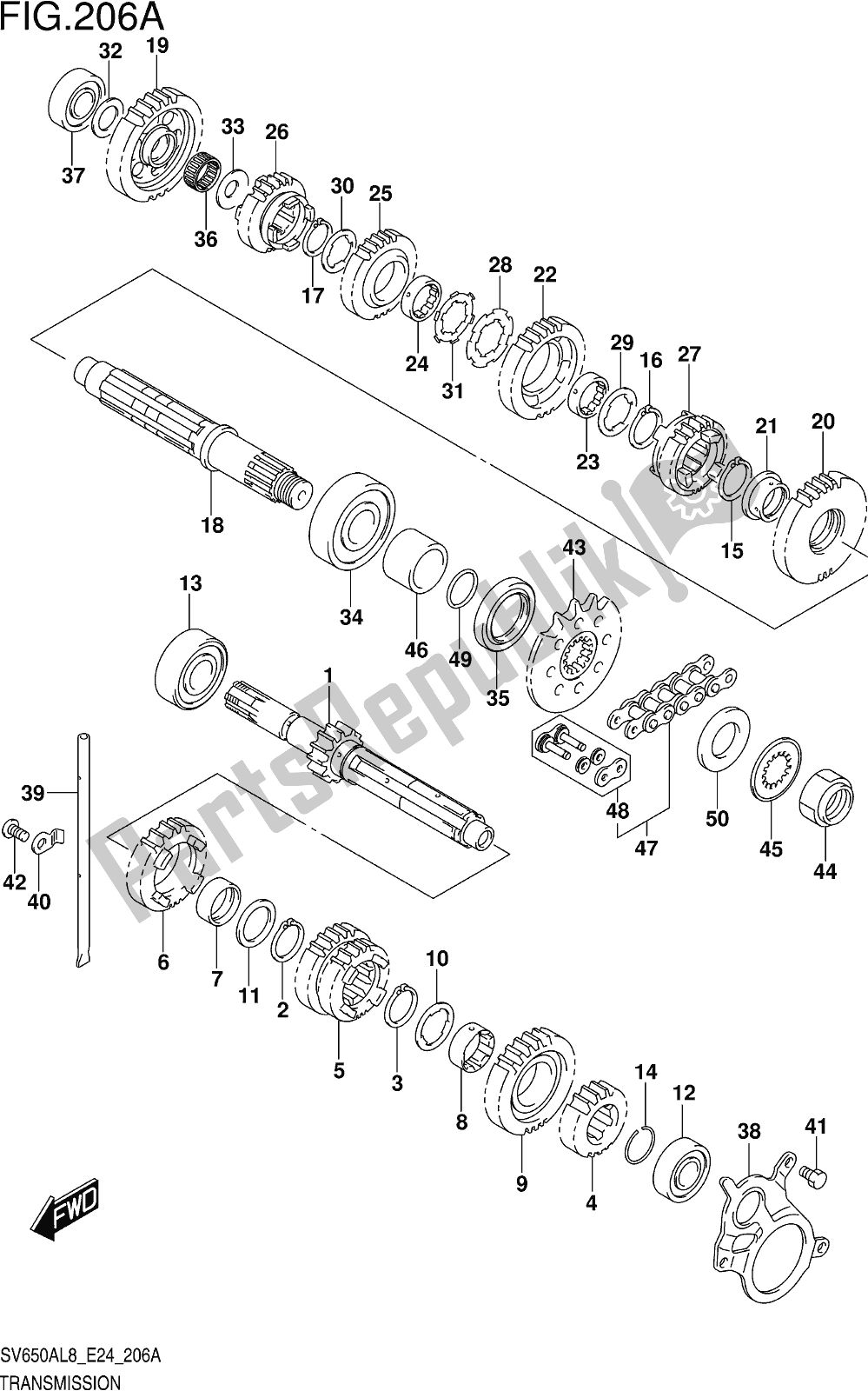 All parts for the Fig. 206a Transmission of the Suzuki SV 650 AU 2018