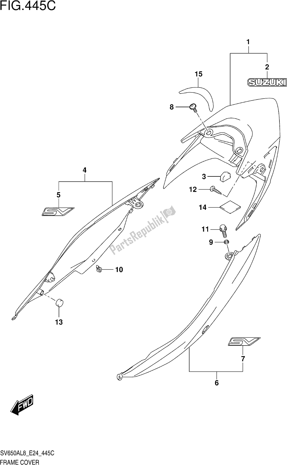 Todas as partes de Fig. 445c Frame Cover (sv650aul8 E24) (for Yvb,ykv) do Suzuki SV 650 AU 2018