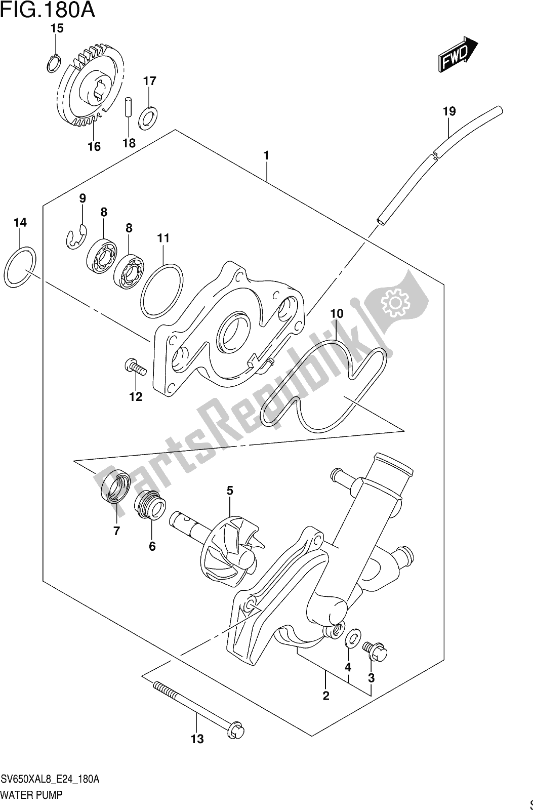 All parts for the Fig. 180a Water Pump of the Suzuki SV 650 XA 2018
