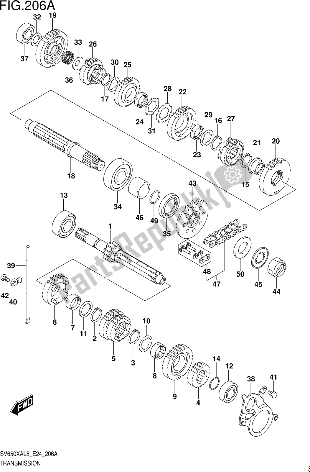 All parts for the Fig. 206a Transmission of the Suzuki SV 650 XA 2018