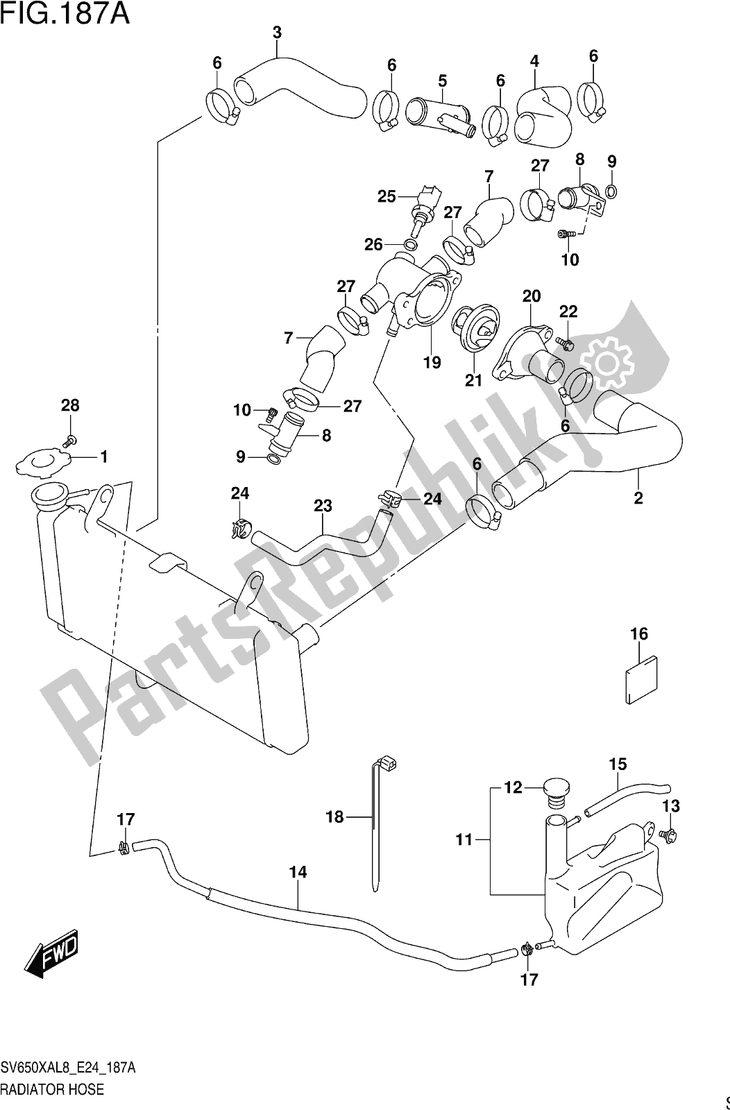 All parts for the Fig. 187a Radiator Hose of the Suzuki SV 650 XAU 2018