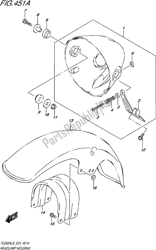 All parts for the Headlamp Housing of the Suzuki TU 250X 2018