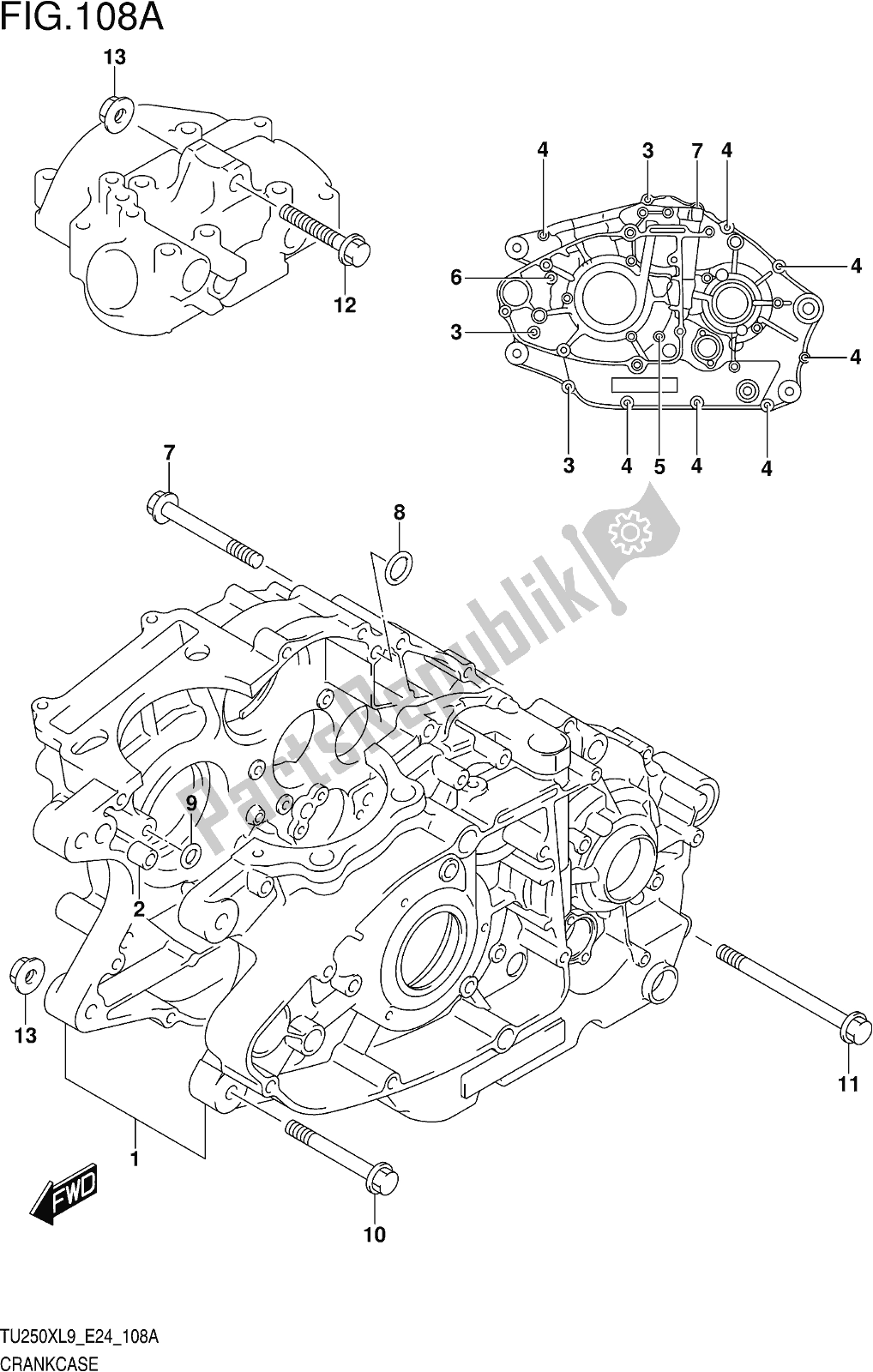 Alle onderdelen voor de Fig. 108a Crankcase van de Suzuki TU 250X 2019