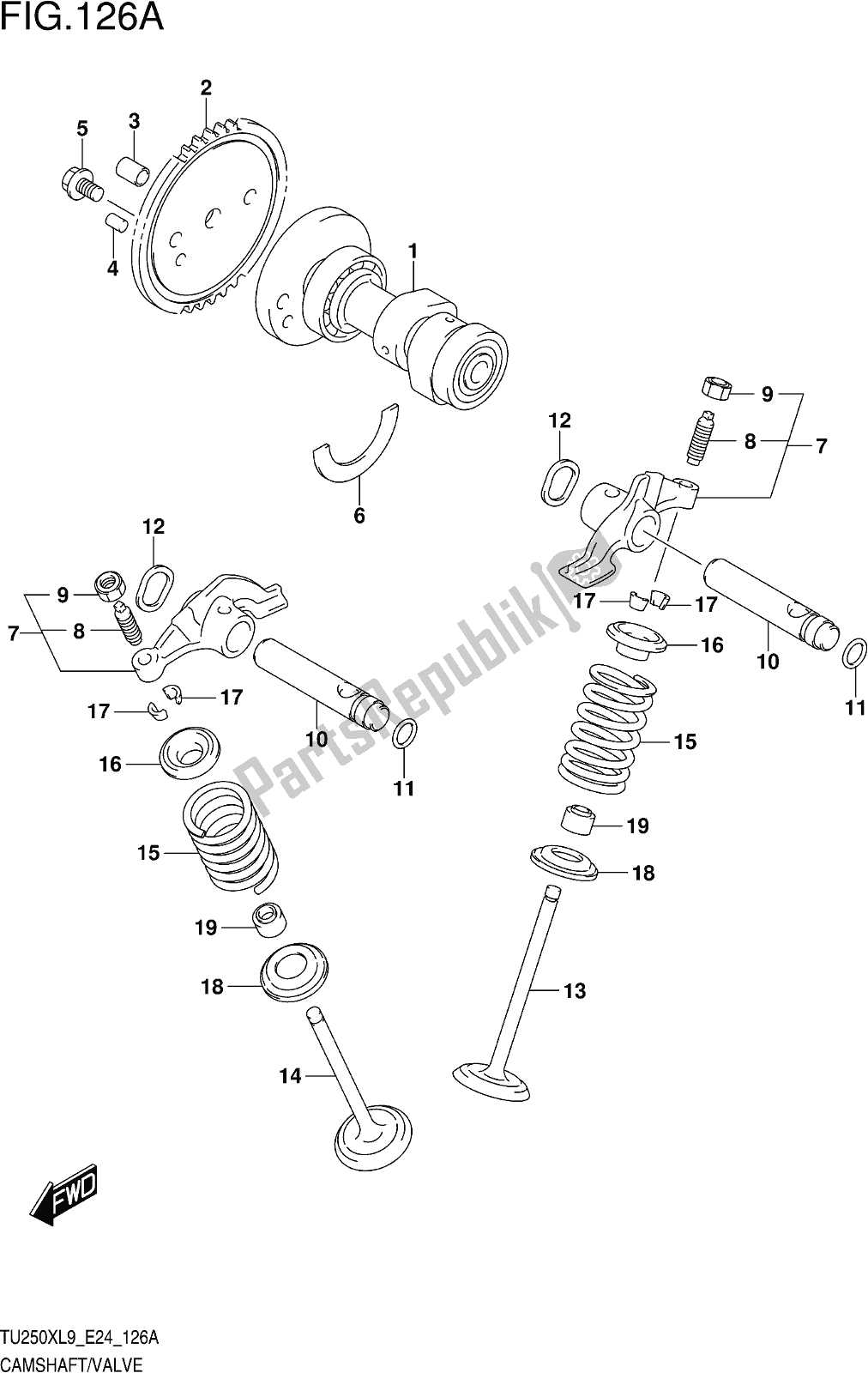 Alle onderdelen voor de Fig. 126a Camshaft/valve van de Suzuki TU 250X 2019