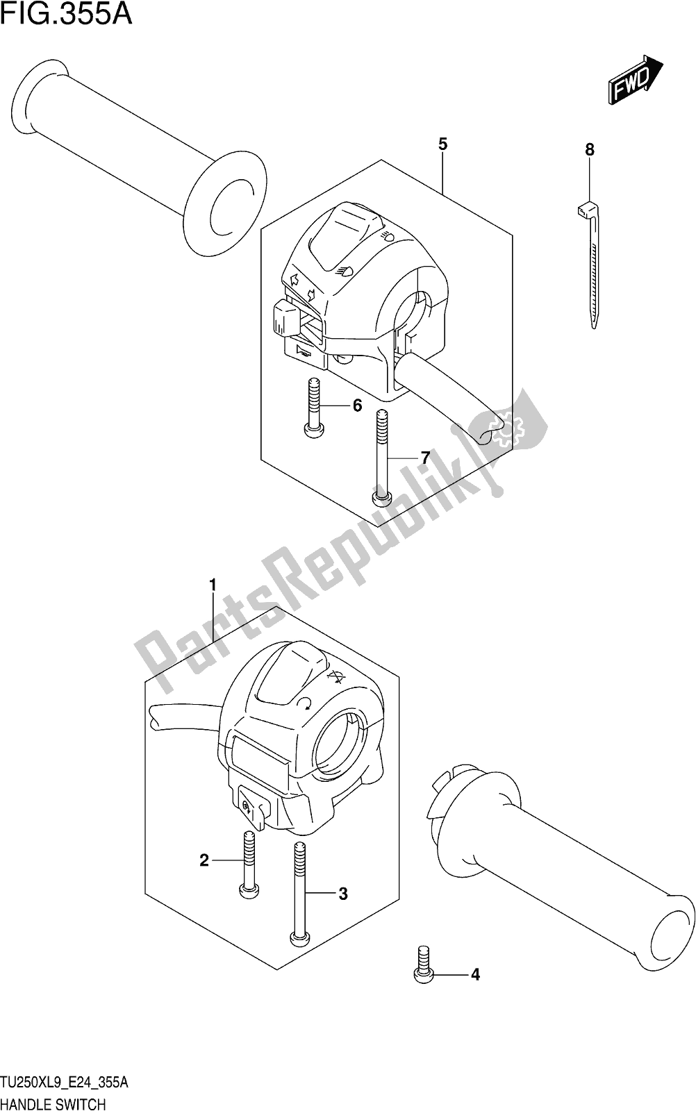 Alle onderdelen voor de Fig. 355a Handle Switch van de Suzuki TU 250X 2019