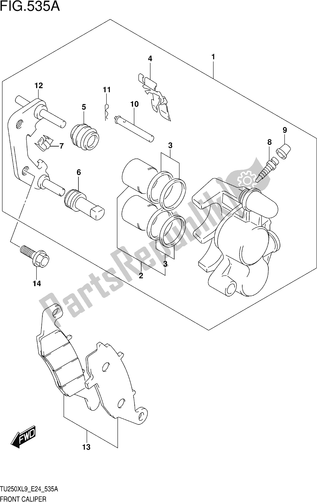 Alle onderdelen voor de Fig. 535a Front Caliper van de Suzuki TU 250X 2019