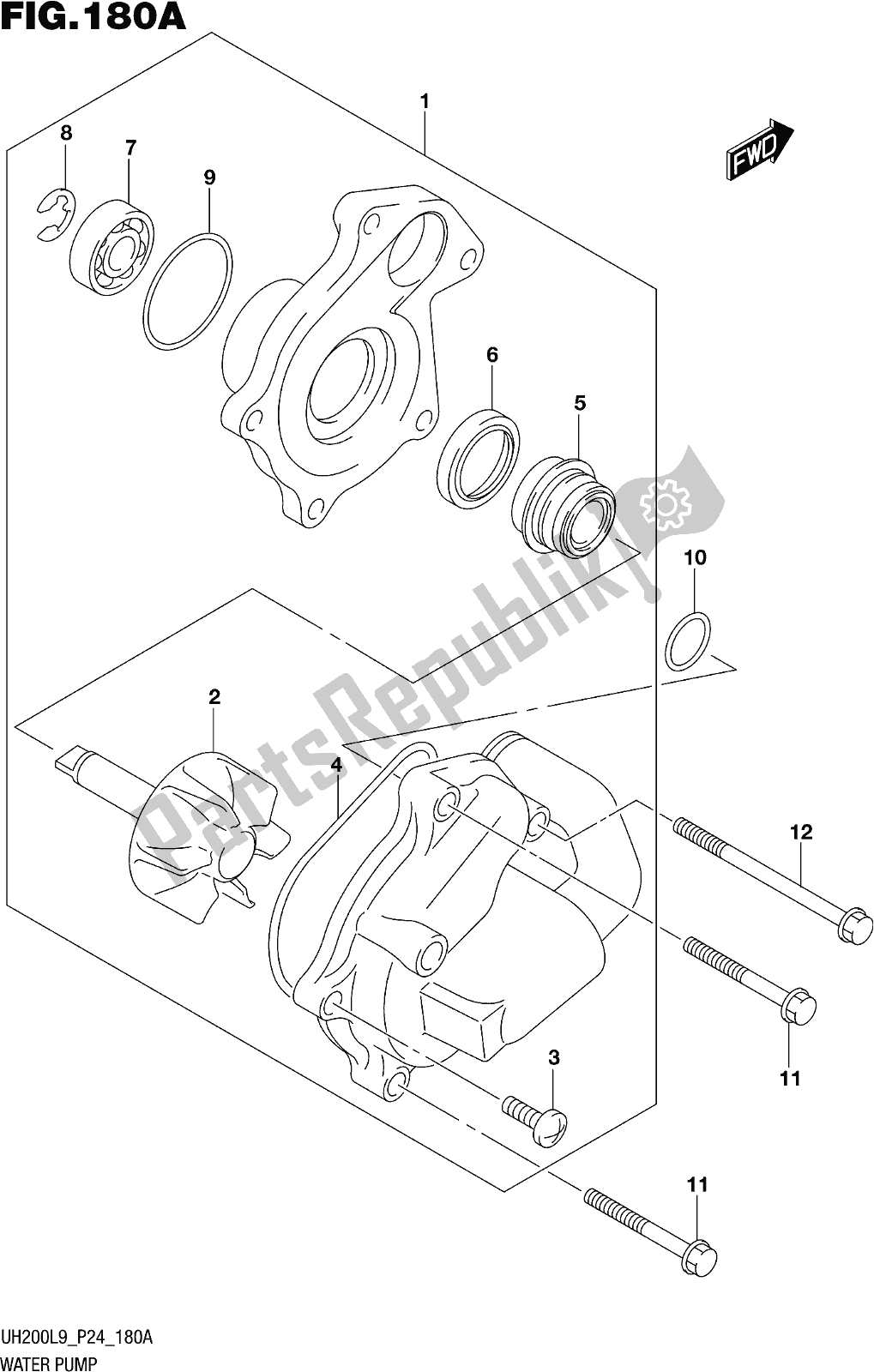 All parts for the Fig. 180a Water Pump of the Suzuki UH 200 2019