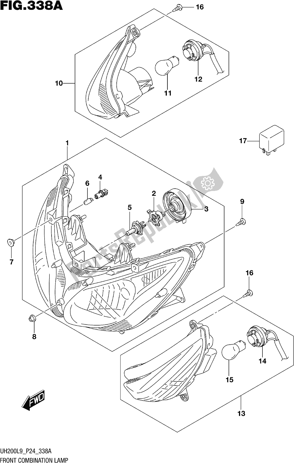 All parts for the Fig. 338a Front Combination Lamp of the Suzuki UH 200 2019