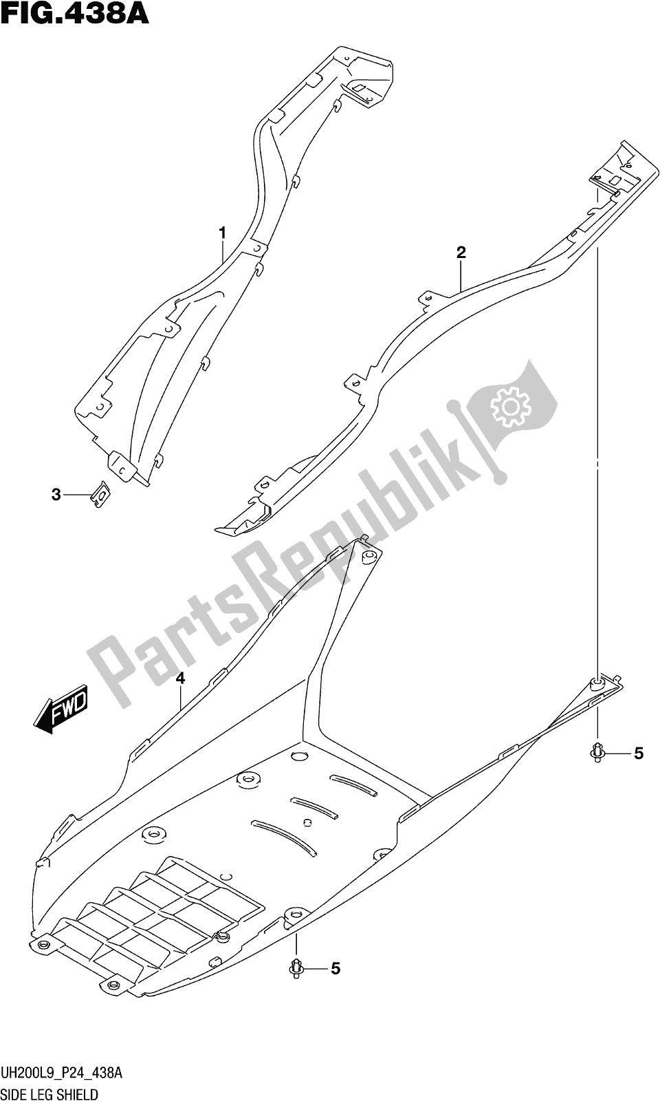 All parts for the Fig. 438a Side Leg Shield of the Suzuki UH 200 2019